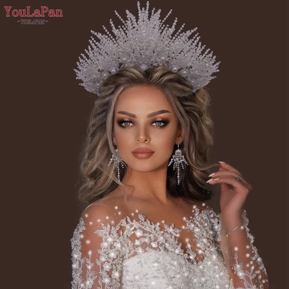 Youlapan HP399 Luxurious Handmade Hair Accessories Full Crystal Beads Large Crown Earrings Set Wedding Pageant Bridal Headbands