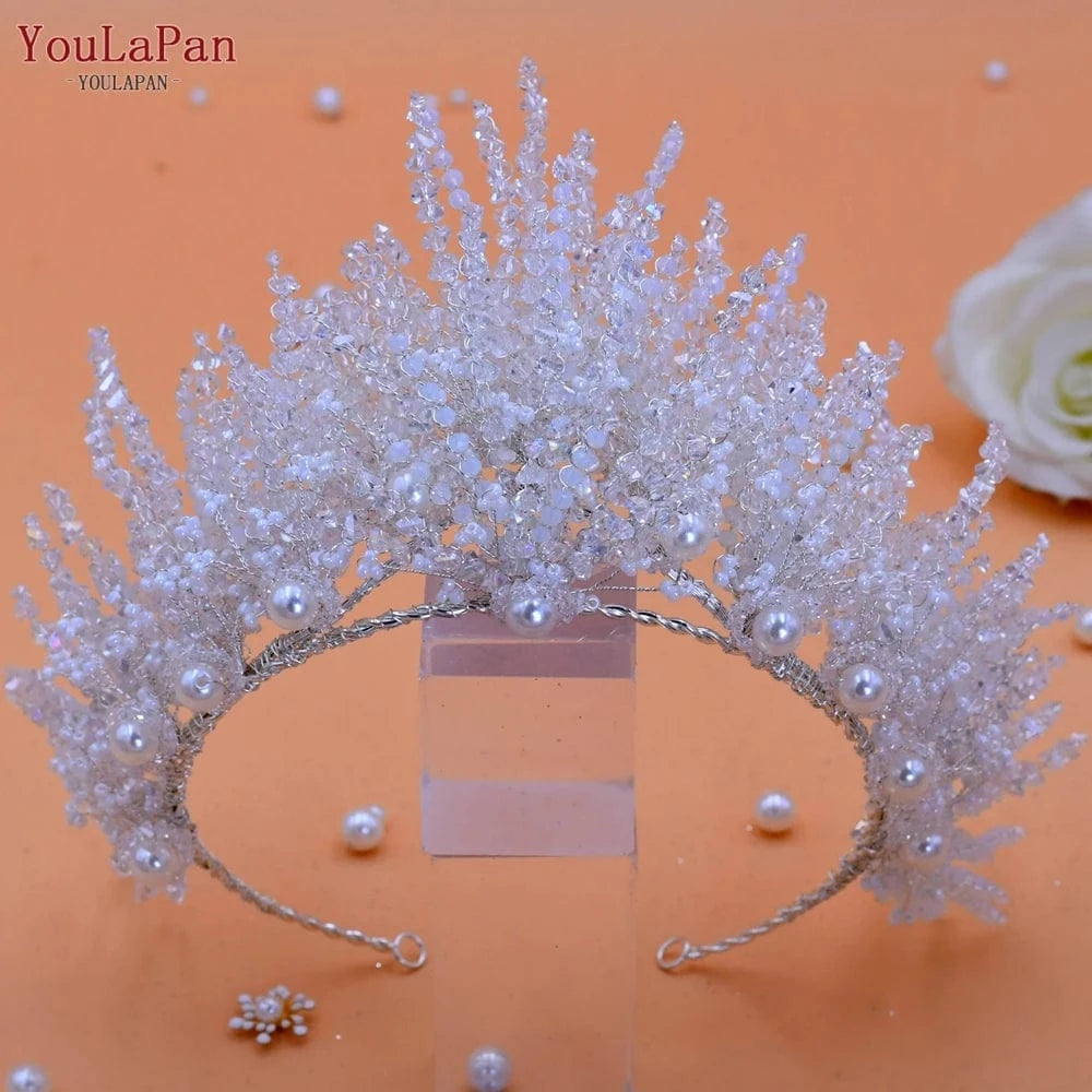 Youlapan HP399 Luxurious Handmade Hair Accessories Full Crystal Beads Large Crown Earrings Set Wedding Pageant Bridal Headbands