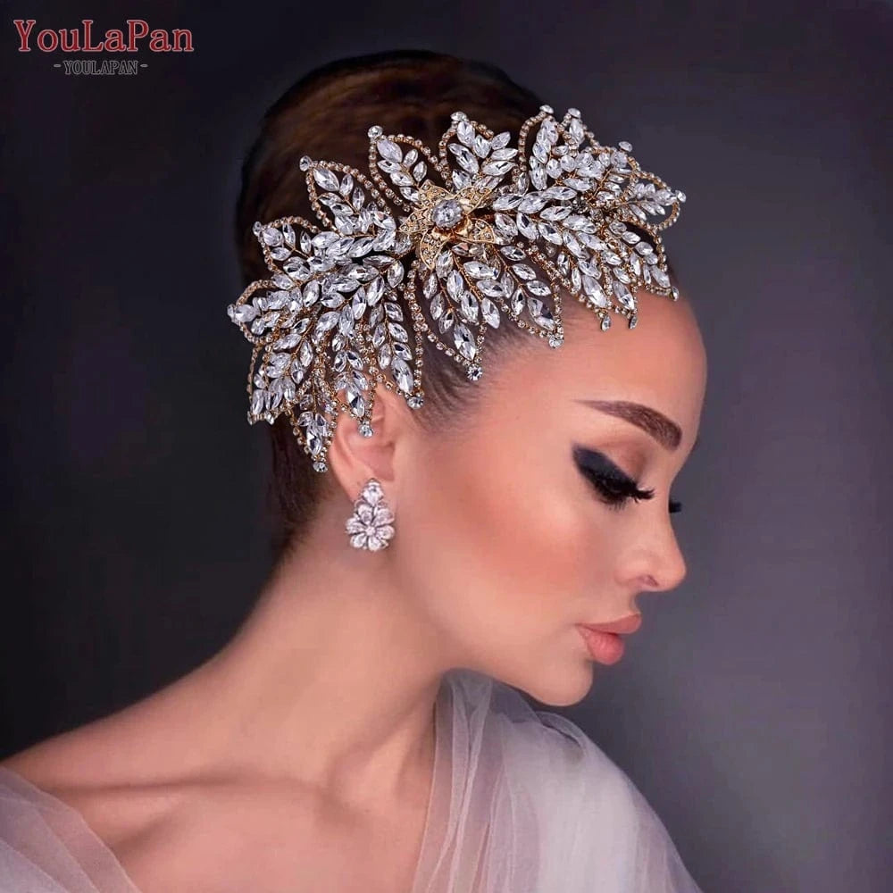 Youlapan HP413-S Luxury Rhinestone Leaf Styling Hair Piece  Tiara Banquet Party Wedding Bridal Alloy Flower Headband