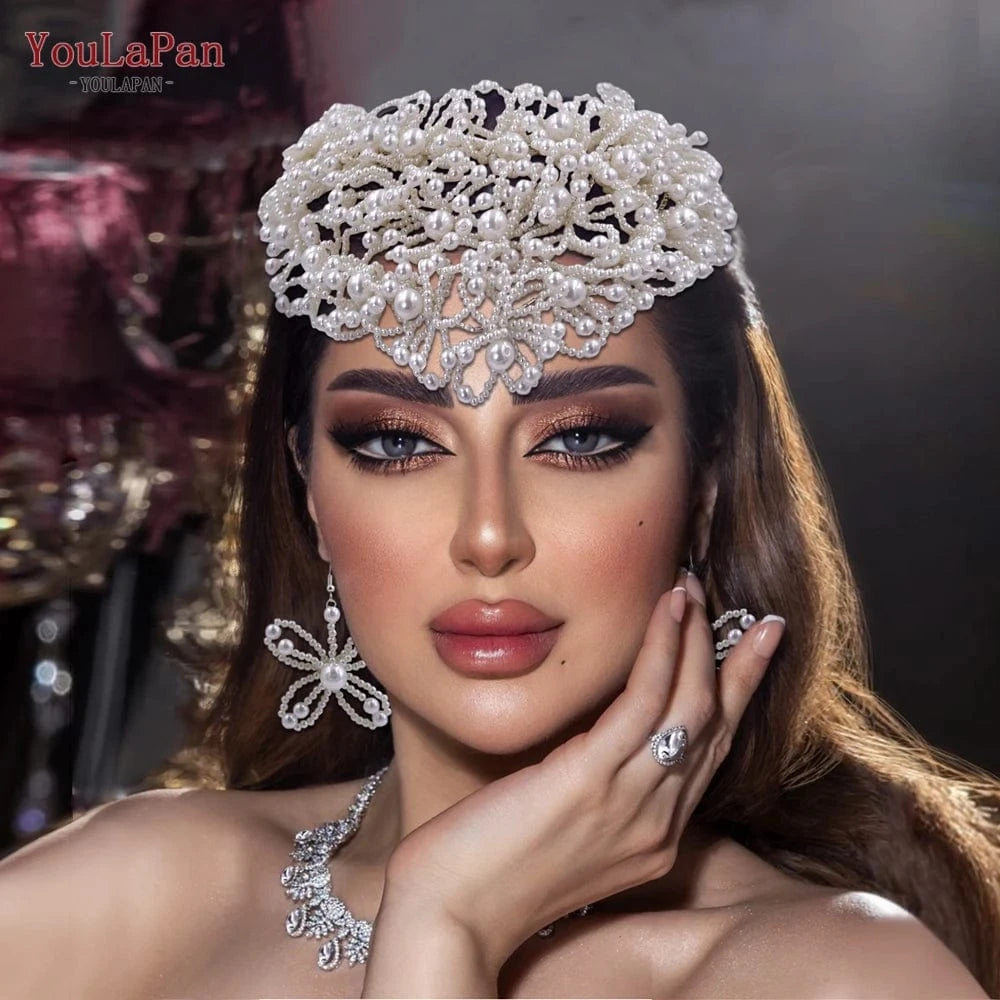 YouLaPan HP487 Elegant Queen's Crown Hand Beaded Beauty Pageant Headpiece Pearl Earrings Bridal Tiara Wedding Crown