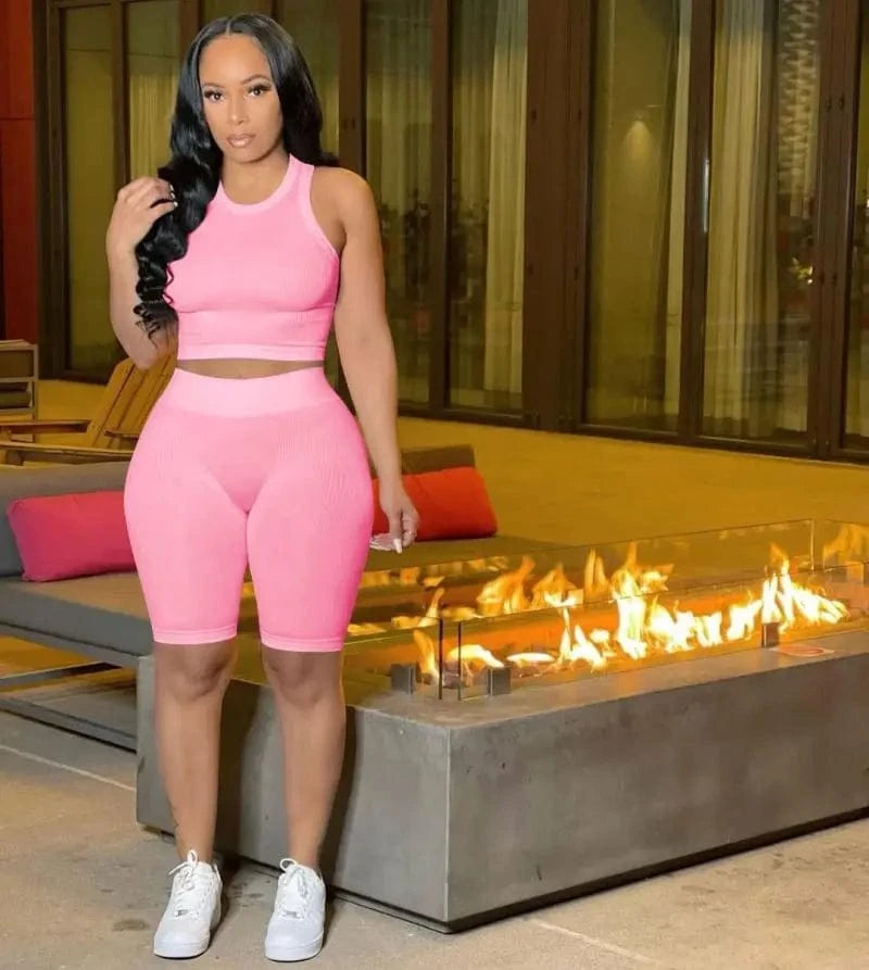 YP Summer 2024 Custom Logo Hot Sale Summer Shorts Sets Outfits Two Piece Skims Women Clothing Biker Shorts Matching 2 Piece Set
