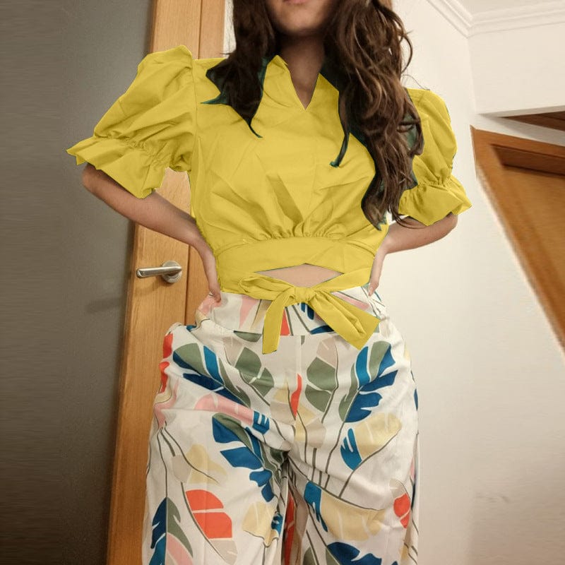 YS Women's new temperament V-neck hollow-out jacket printed wide-leg trousers two women clothing sets