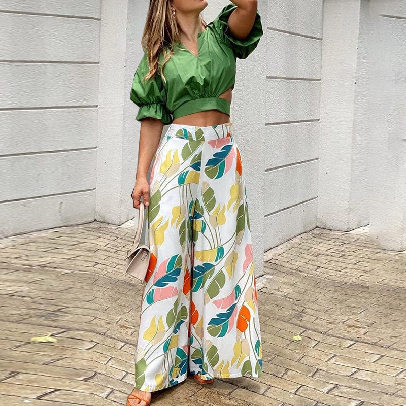 YS Women's new temperament V-neck hollow-out jacket printed wide-leg trousers two women clothing sets