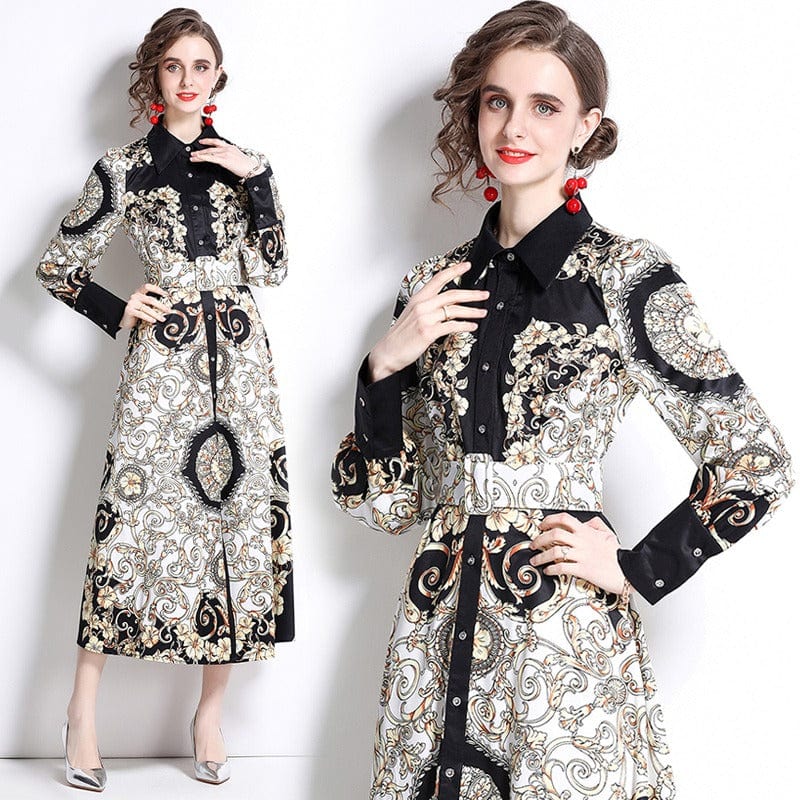 YSQ211075 Spring new fashion print lapel waist long-sleeved dress