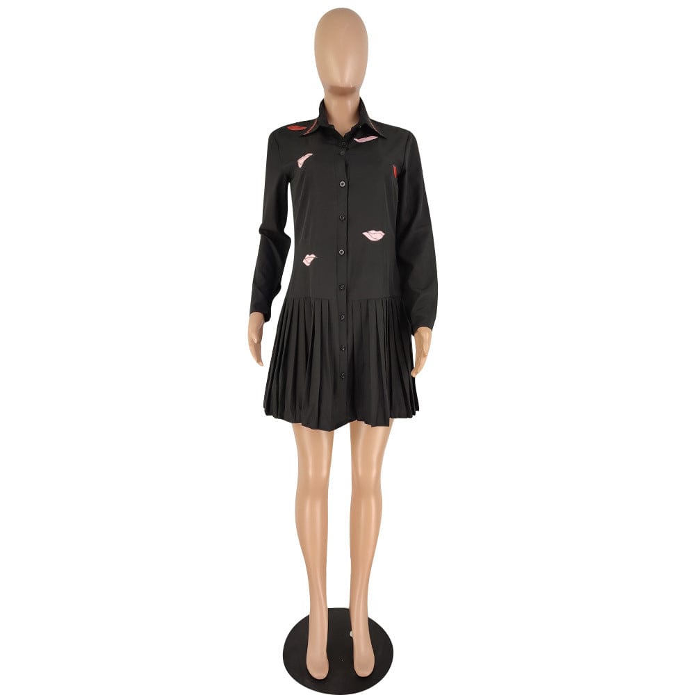 YZ757 Autumn winter button long sleeved pleated shirt dress One piece skirt women