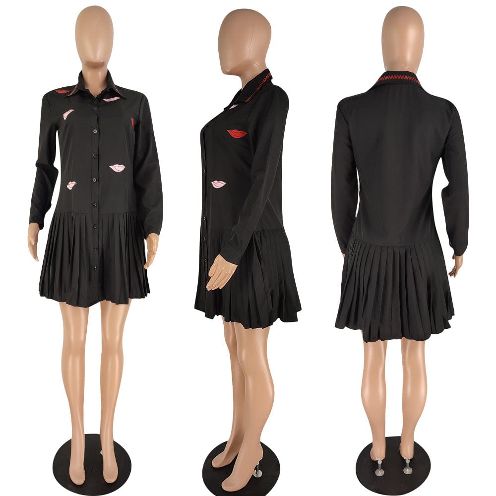 YZ757 Autumn winter button long sleeved pleated shirt dress One piece skirt women