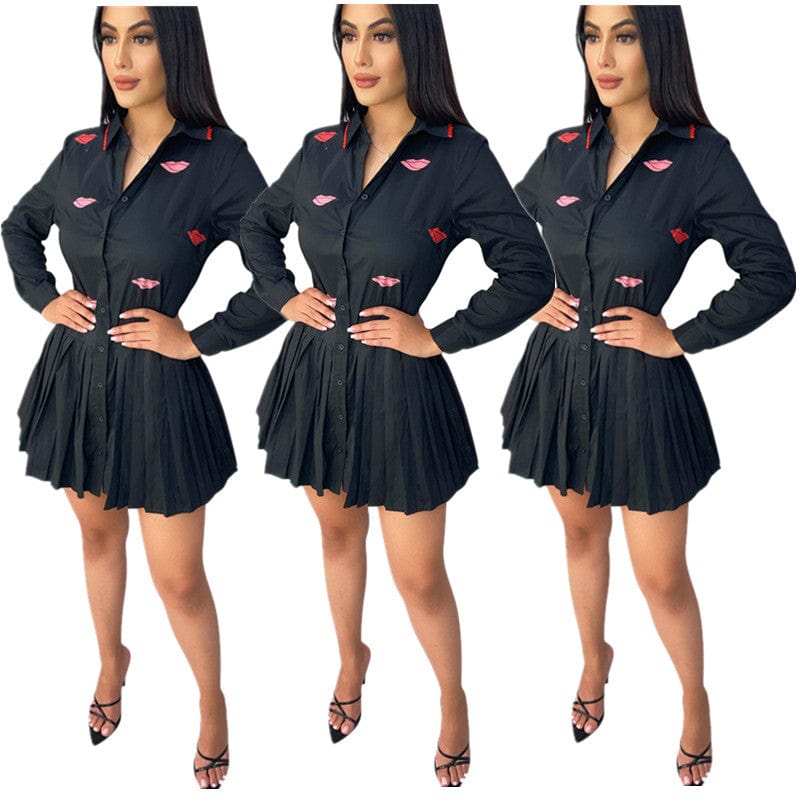 YZ757 Autumn winter button long sleeved pleated shirt dress One piece skirt women