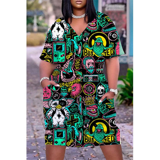 Z102089 Plus size summer dress with Pocket short Sleeves V Neck Straight 3D printing Dresses