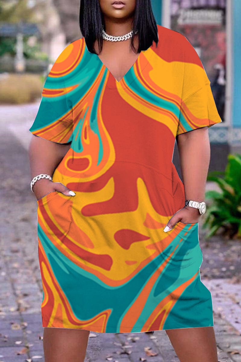 Z103092 Plus size summer dress with Pocket short Sleeves Print V Neck Straight loose Dresses