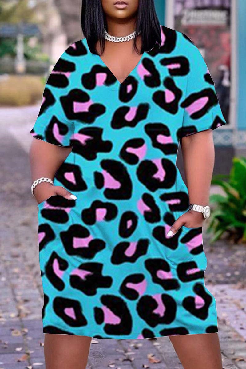Z103092 Plus size summer dress with Pocket short Sleeves Print V Neck Straight loose Dresses