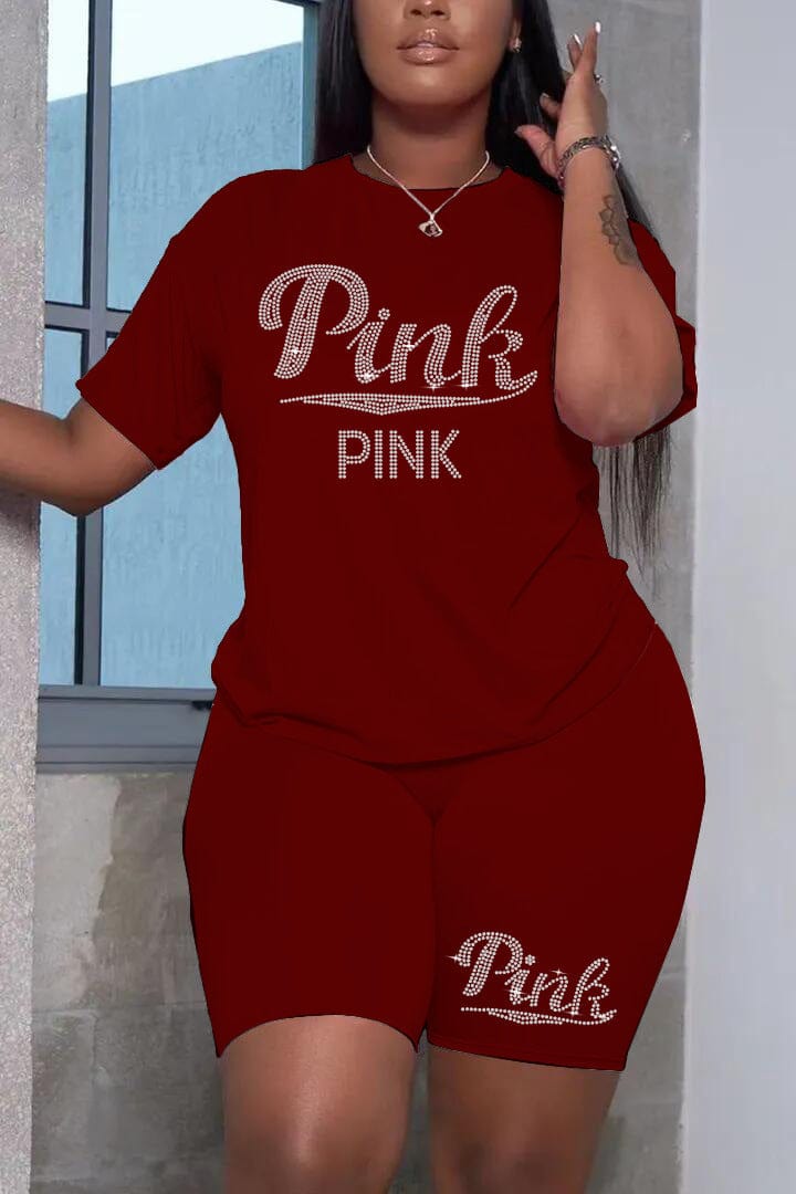 Z106463 Summer women's Plus Size two piece Casual crystal decoration t-shirts shorts two piece set