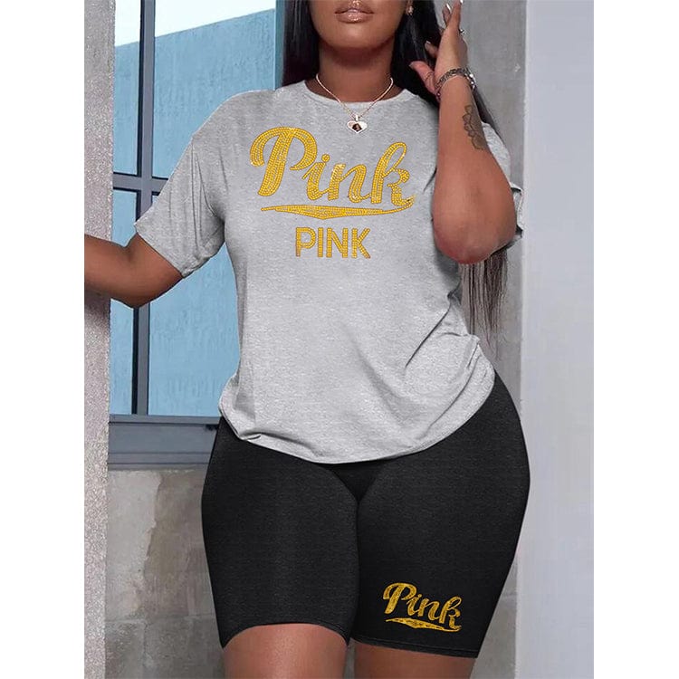 Z106463 Summer women's Plus Size two piece Casual crystal decoration t-shirts shorts two piece set