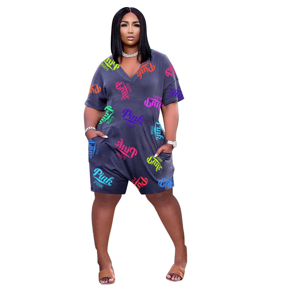 Z107068 Sexy short sleeve Letter Print Pocket Jumpsuits Women V Neck Casual Plus Size Rompers