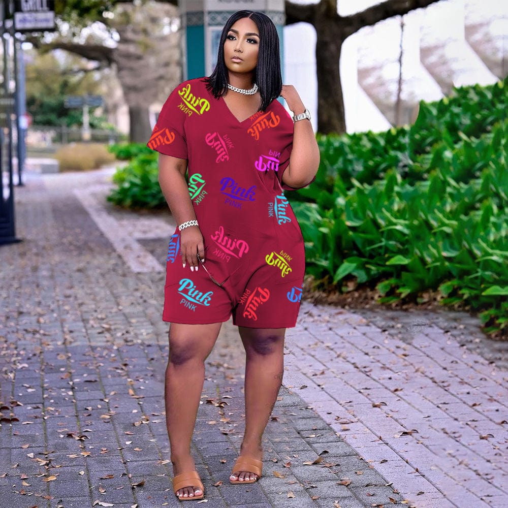 Z107068 Sexy short sleeve Letter Print Pocket Jumpsuits Women V Neck Casual Plus Size Rompers
