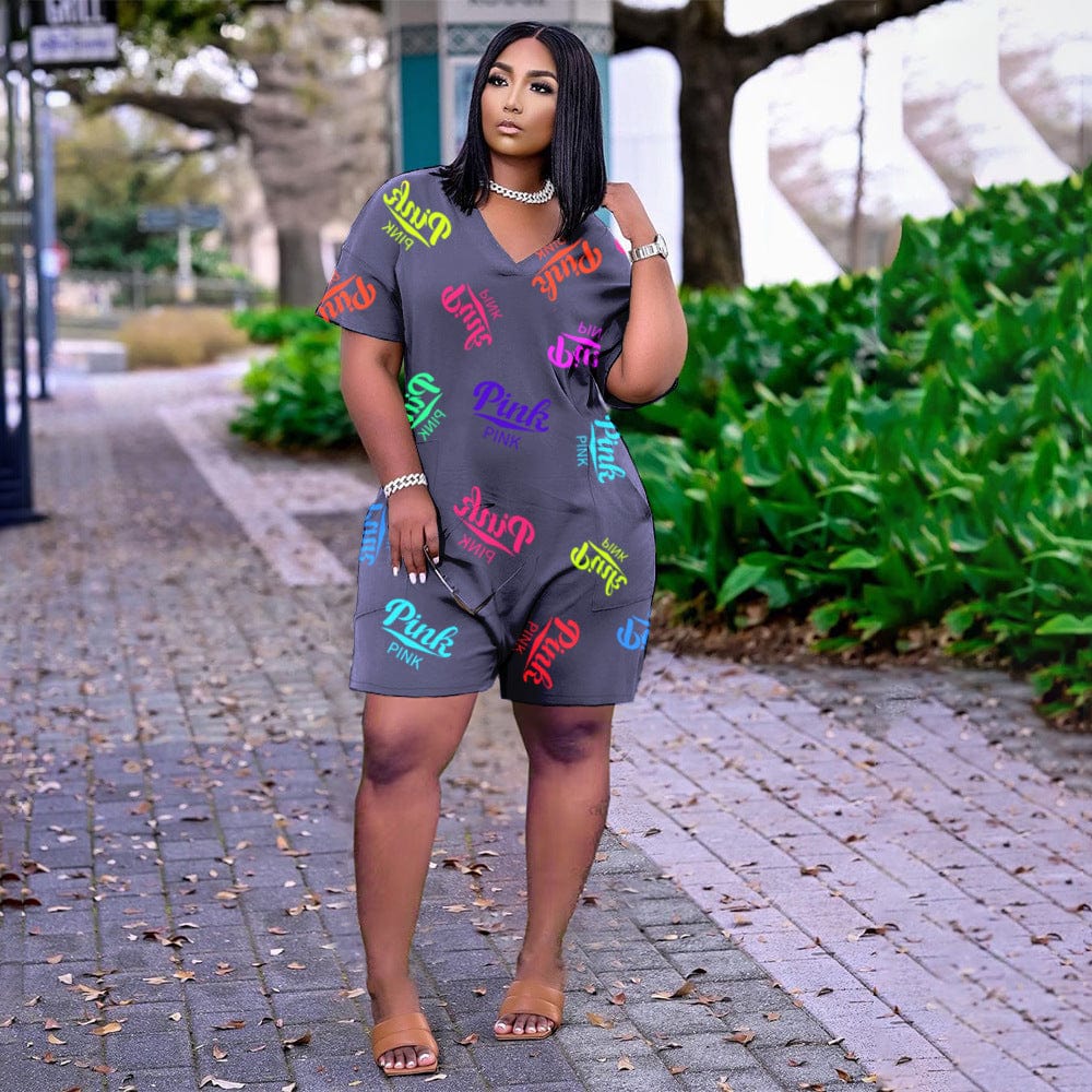 Z107068 Sexy short sleeve Letter Print Pocket Jumpsuits Women V Neck Casual Plus Size Rompers
