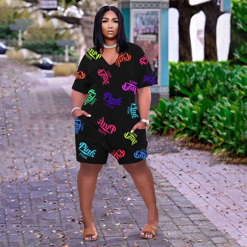 Z107068 Sexy short sleeve Letter Print Pocket Jumpsuits Women V Neck Casual Plus Size Rompers