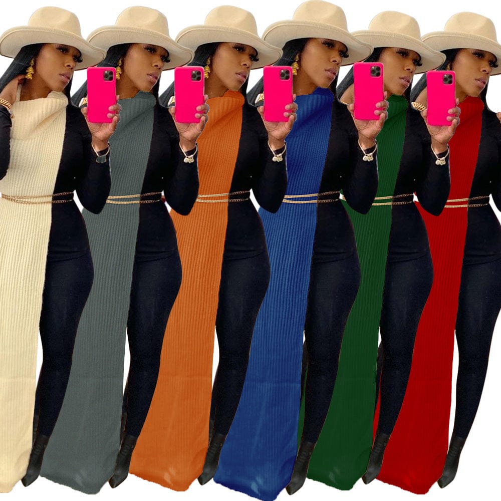 Z59651 Wholesale Solid Color High Collar Both Sides Split Women Night Club sweater dress