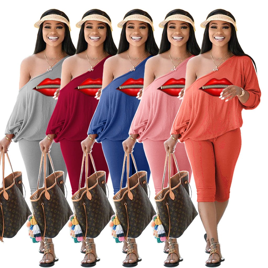 Z60033 Fall Casual Print Long sleeve two piece set Oblique Collar Plus size outfits for women sets two piece
