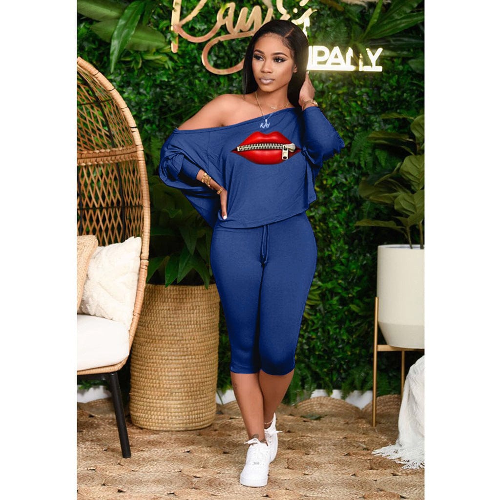 Z60033 Fall Casual Print Long sleeve two piece set Oblique Collar Plus size outfits for women sets two piece