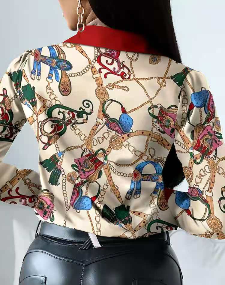 Z79661 Spring stylish Casual Print long Sleeve shirts women Buckle Turndown Collar Tops