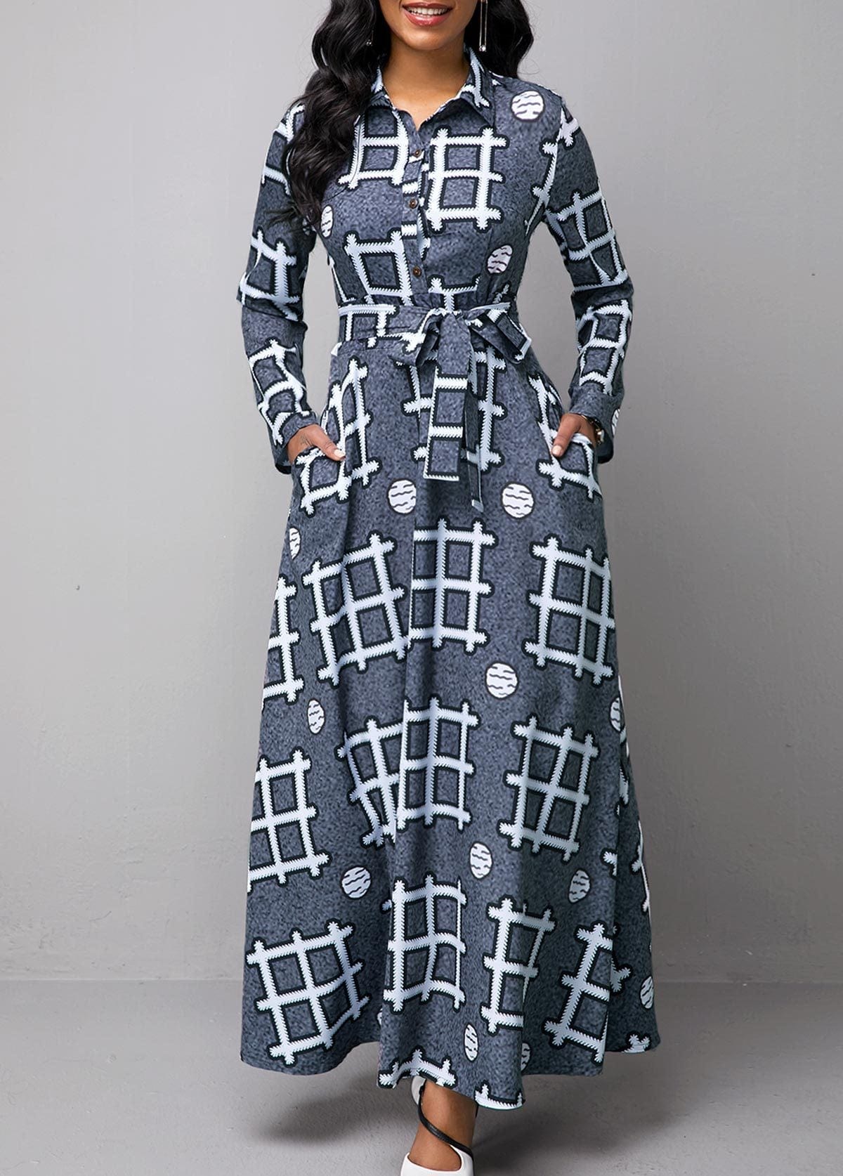 Z83908 Fashion Long Sleeve Print Dresses Casual women V Neck Elegant vintage maxi dress