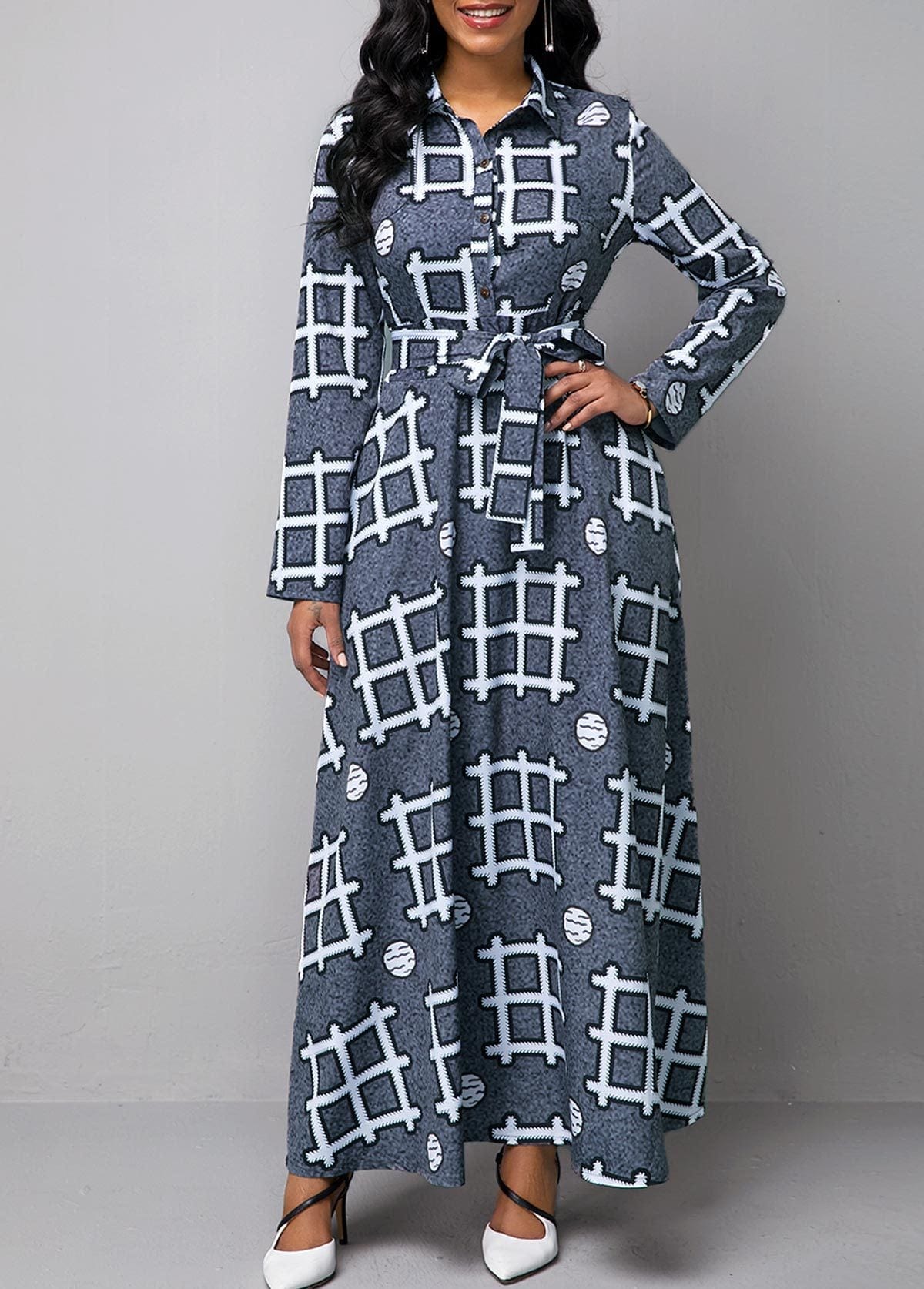 Z83908 Fashion Long Sleeve Print Dresses Casual women V Neck Elegant vintage maxi dress