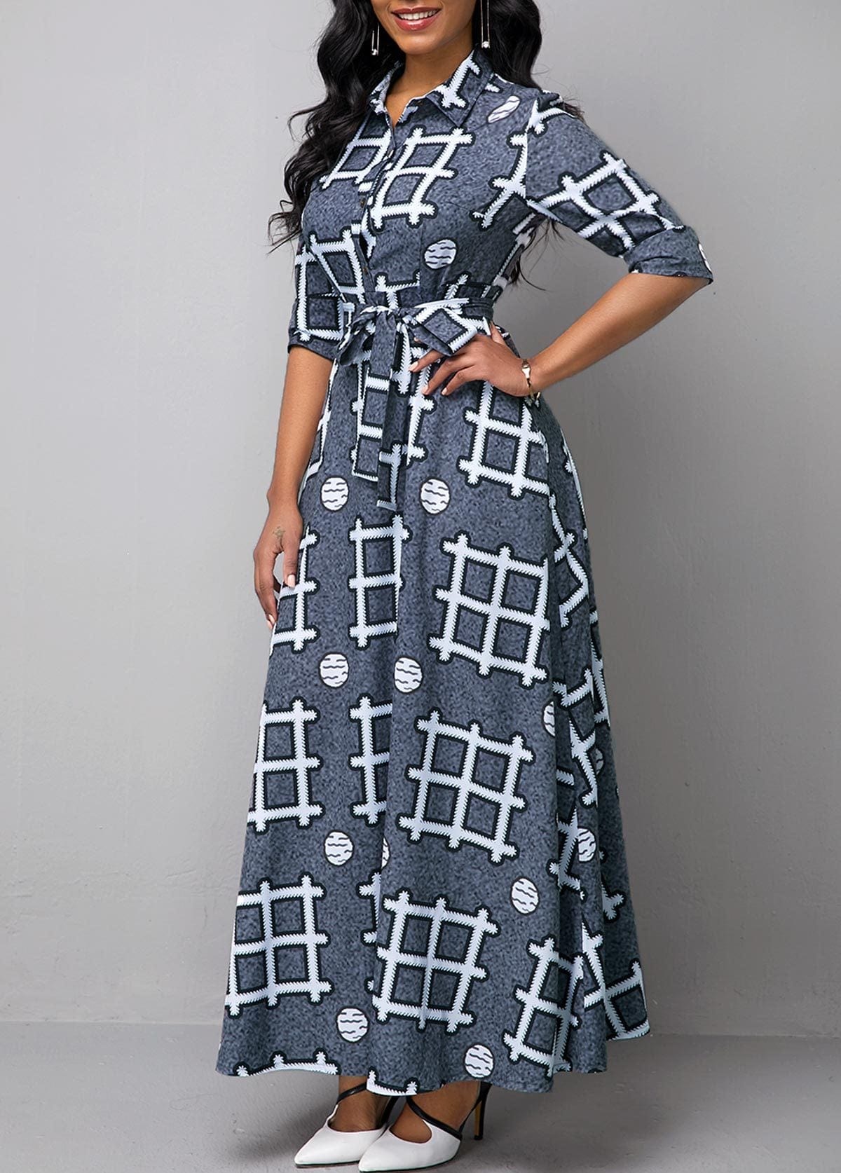 Z83908 Fashion Long Sleeve Print Dresses Casual women V Neck Elegant vintage maxi dress