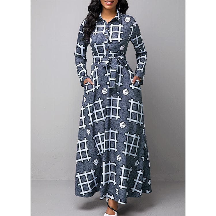 Z83908 Fashion Long Sleeve Print Dresses Casual women V Neck Elegant vintage maxi dress