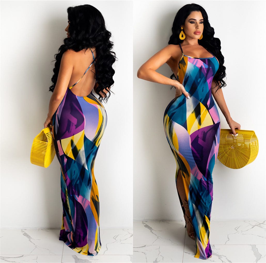 Z86033 New Print Spaghetti Strap dresses womens elegant casual vintage maxi dress