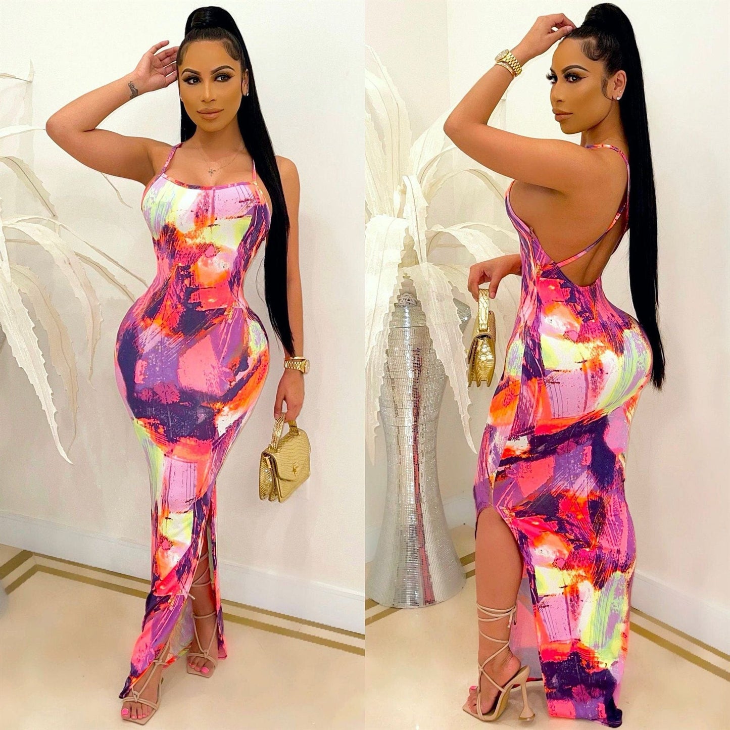 Z86033 New Print Spaghetti Strap dresses womens elegant casual vintage maxi dress