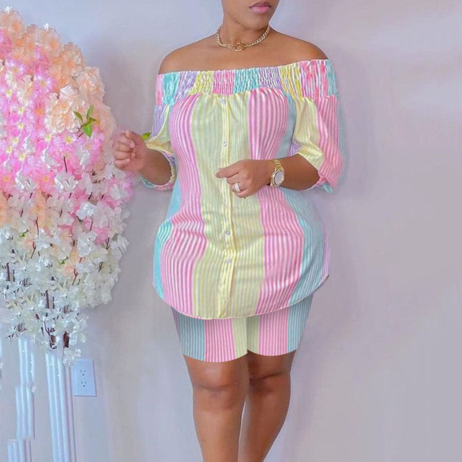 Z92180 Fashion Casual Striped Print Off Shoulder short set woman Plus Size two piece outfits