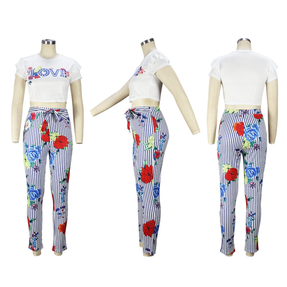 Z97988 Plus Size Casual flowers Print Short Sleeve Pencil pants set women two piece