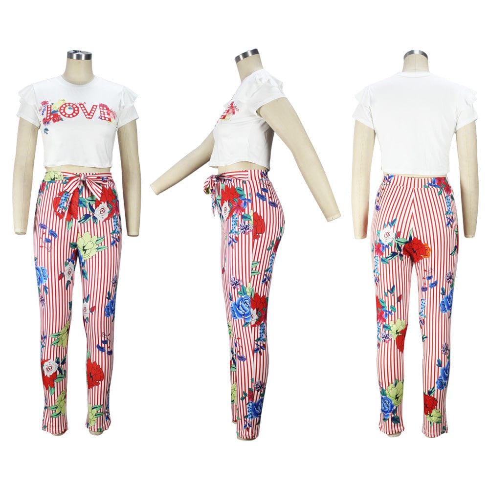 Z97988 Plus Size Casual flowers Print Short Sleeve Pencil pants set women two piece