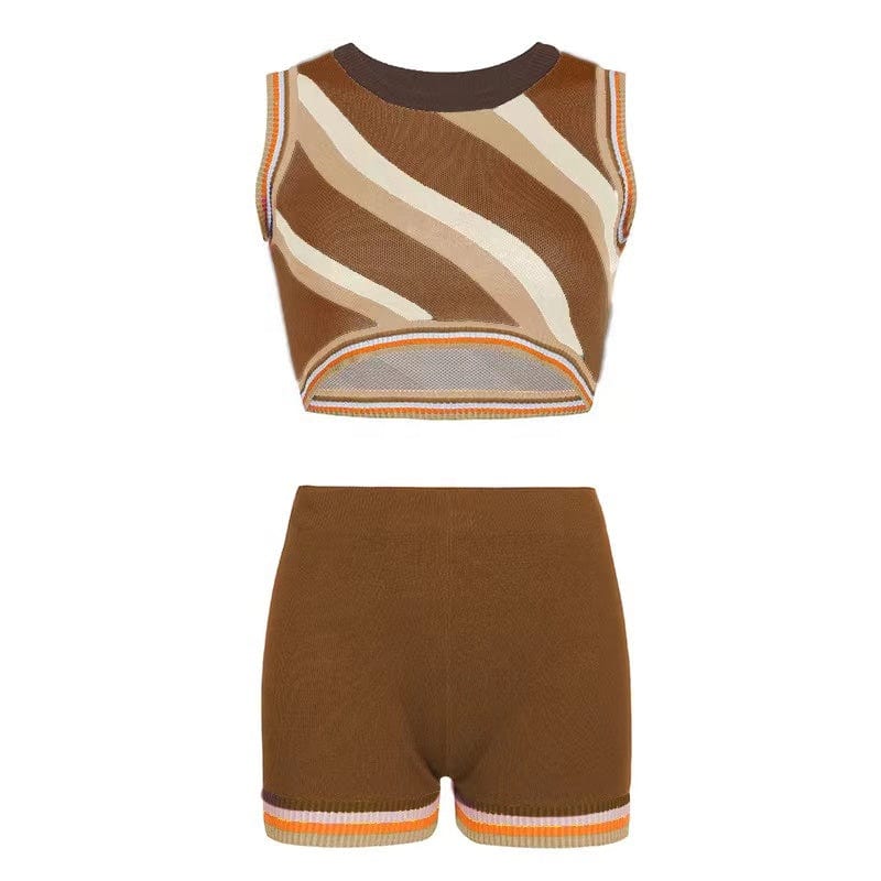 ZHEZHE 2023 New arrivals contrast color knitted fabric women's tank top and gym shorts sexy outfits for women club wear