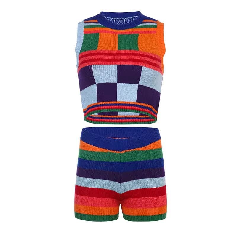 ZHEZHE 2023 New arrivals contrast color knitted fabric women's tank top and gym shorts sexy outfits for women club wear