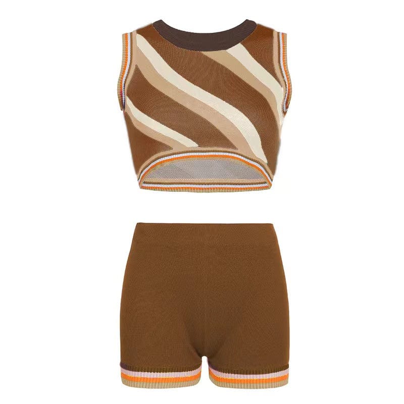 ZHEZHE 2023 New arrivals contrast color knitted fabric women's tank top and gym shorts sexy outfits for women club wear