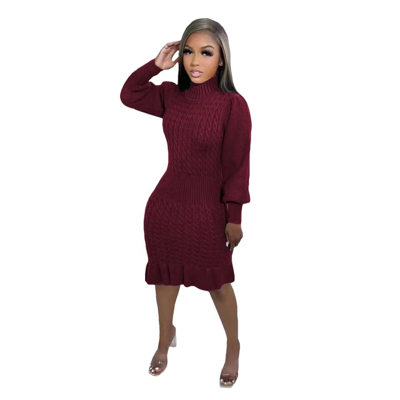 ZHEZHE 2023 New arrivals solid color high neck long sleeve knit dress with falbala casual sweater dress women clothing