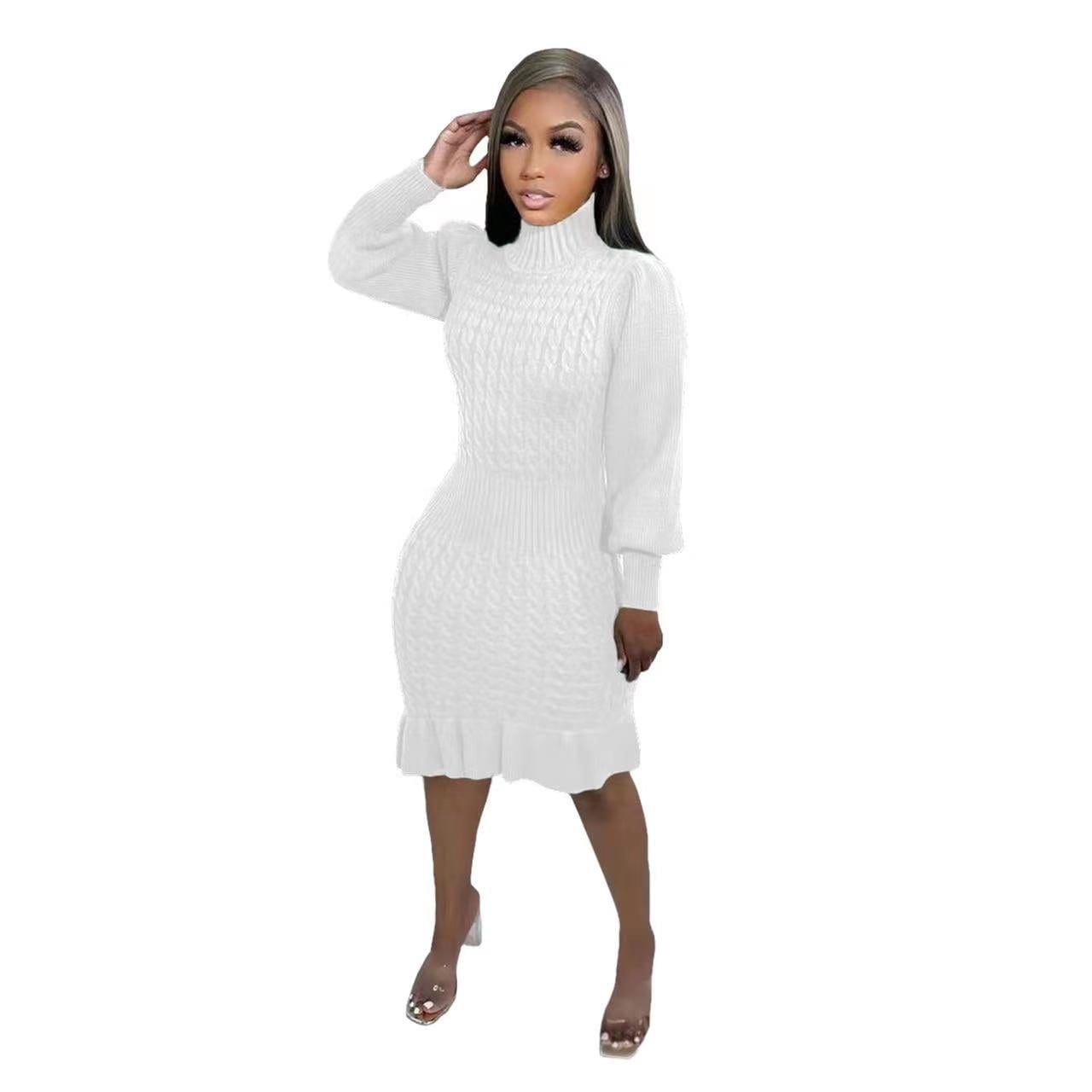 ZHEZHE 2023 New arrivals solid color high neck long sleeve knit dress with falbala casual sweater dress women clothing
