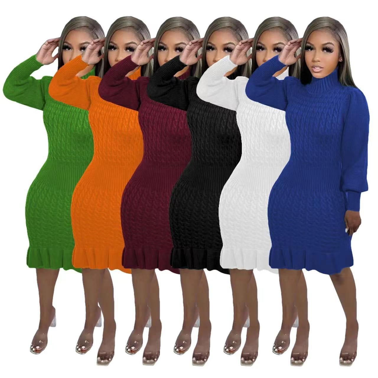 ZHEZHE 2023 New arrivals solid color high neck long sleeve knit dress with falbala casual sweater dress women clothing