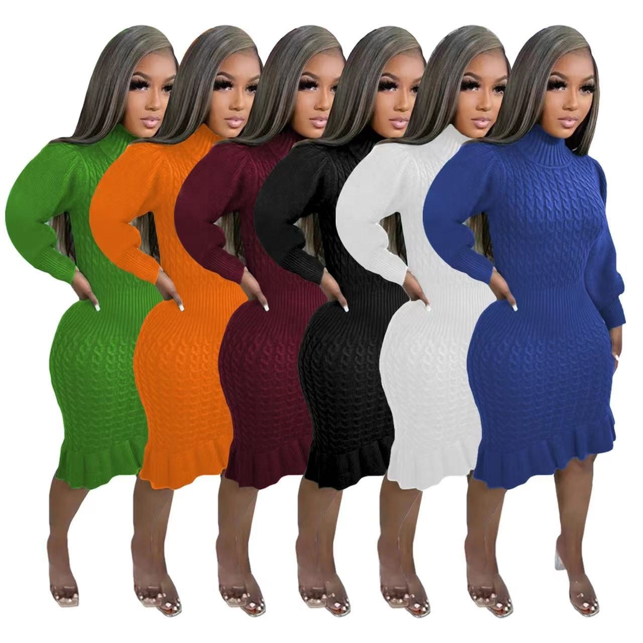 ZHEZHE 2023 New arrivals solid color high neck long sleeve knit dress with falbala casual sweater dress women clothing