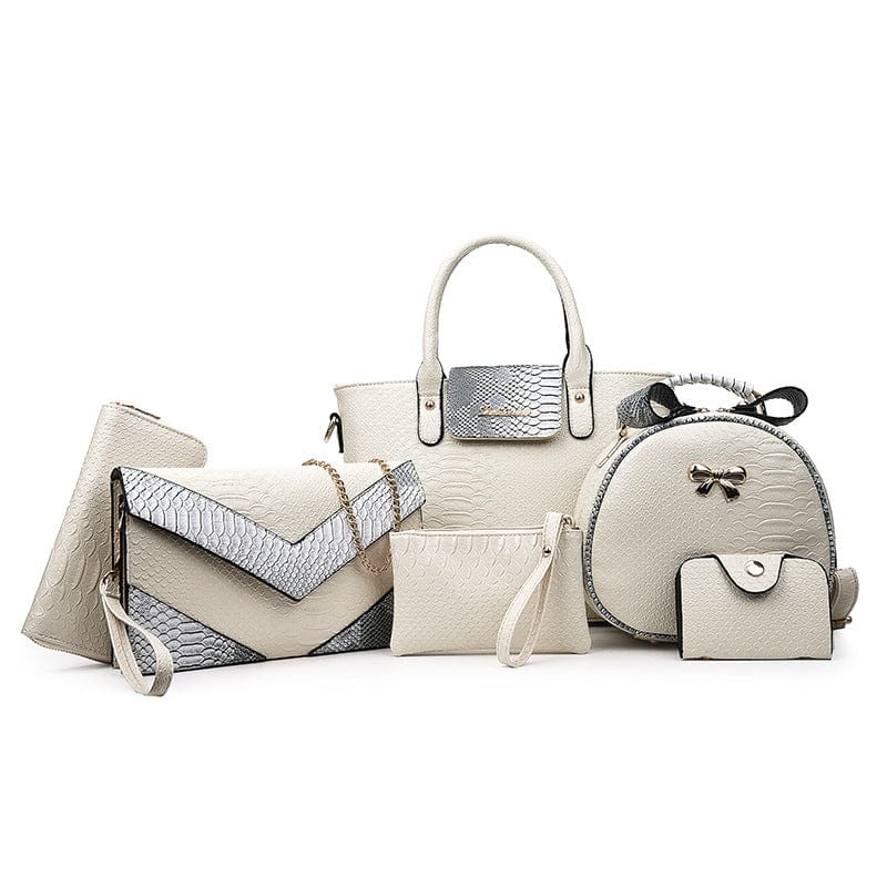 ZM587-white Westal fashion crocodile pattern patent leather women's 6 piece set bag shoulder tote bag luxury leather purse and handbag set