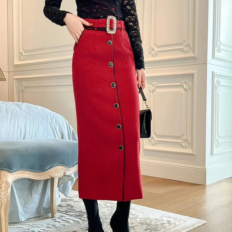 ZYHT 11179 Autumn Winter Women Red Woolen Midi Skirts High Waist Front Button Up Straight Skirt with Belt