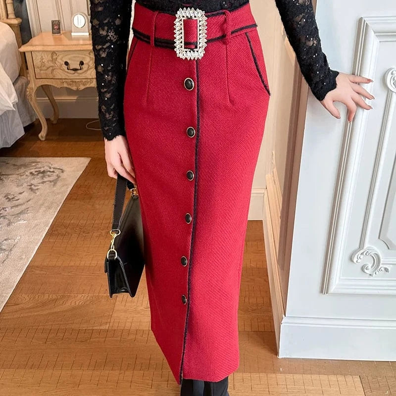 ZYHT 11179 Autumn Winter Women Red Woolen Midi Skirts High Waist Front Button Up Straight Skirt with Belt
