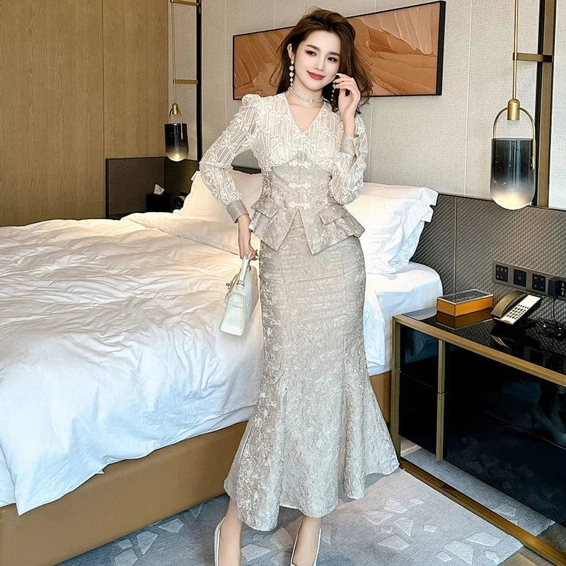 ZYHT 11208 Jacquard Clothes Matching Long Sleeve Two Piece Set Women Clothing Long Fishtail Skirt Set 2 Pieces