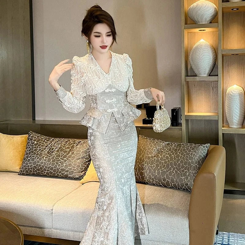 ZYHT 11208 Jacquard Clothes Matching Long Sleeve Two Piece Set Women Clothing Long Fishtail Skirt Set 2 Pieces