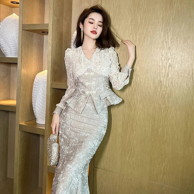ZYHT 11208 Jacquard Clothes Matching Long Sleeve Two Piece Set Women Clothing Long Fishtail Skirt Set 2 Pieces