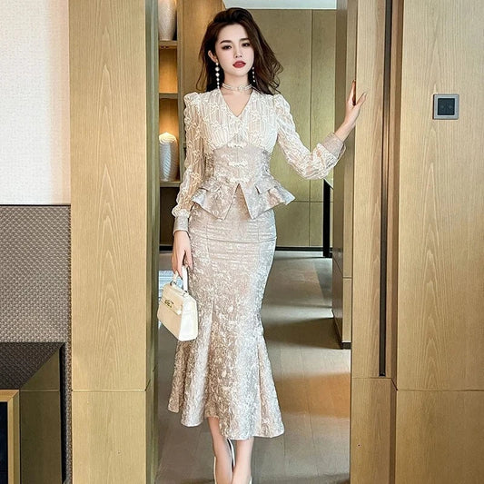 ZYHT 11208 Jacquard Clothes Matching Long Sleeve Two Piece Set Women Clothing Long Fishtail Skirt Set 2 Pieces