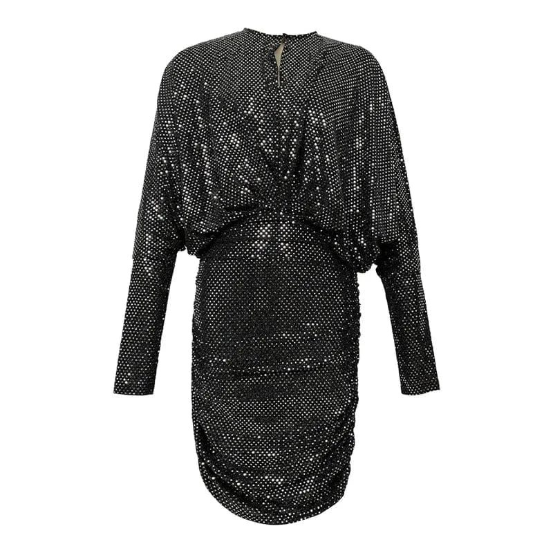 ZYHT 20227 Women Clothing Manufacturer Sequined Black Bat Long Sleeves Bodycon Mini Short Sexy Party Dress