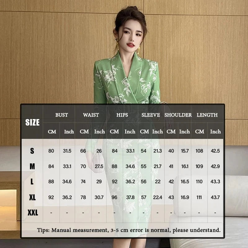 ZYHT 20914 Spring Lapel Collar Belted Straight Knee-Length Dress White Floral Printed Green Formal Dresses