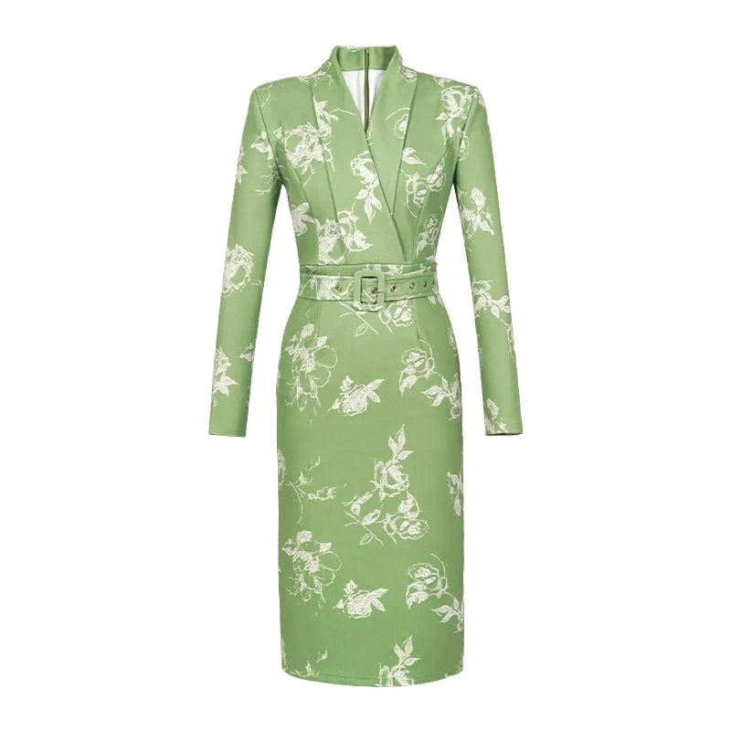 ZYHT 20914 Spring Lapel Collar Belted Straight Knee-Length Dress White Floral Printed Green Formal Dresses